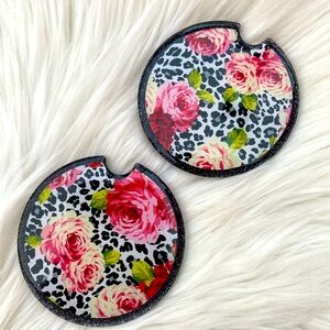 Car cup holder coasters set of 2 couch cup holder leopard floral black glitter